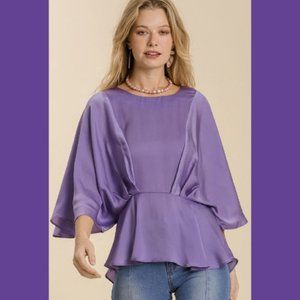 New UMGEE S 4 6 Purple Haze Washed Satin Kimono Sleeve Art Deco Top Peplum Top